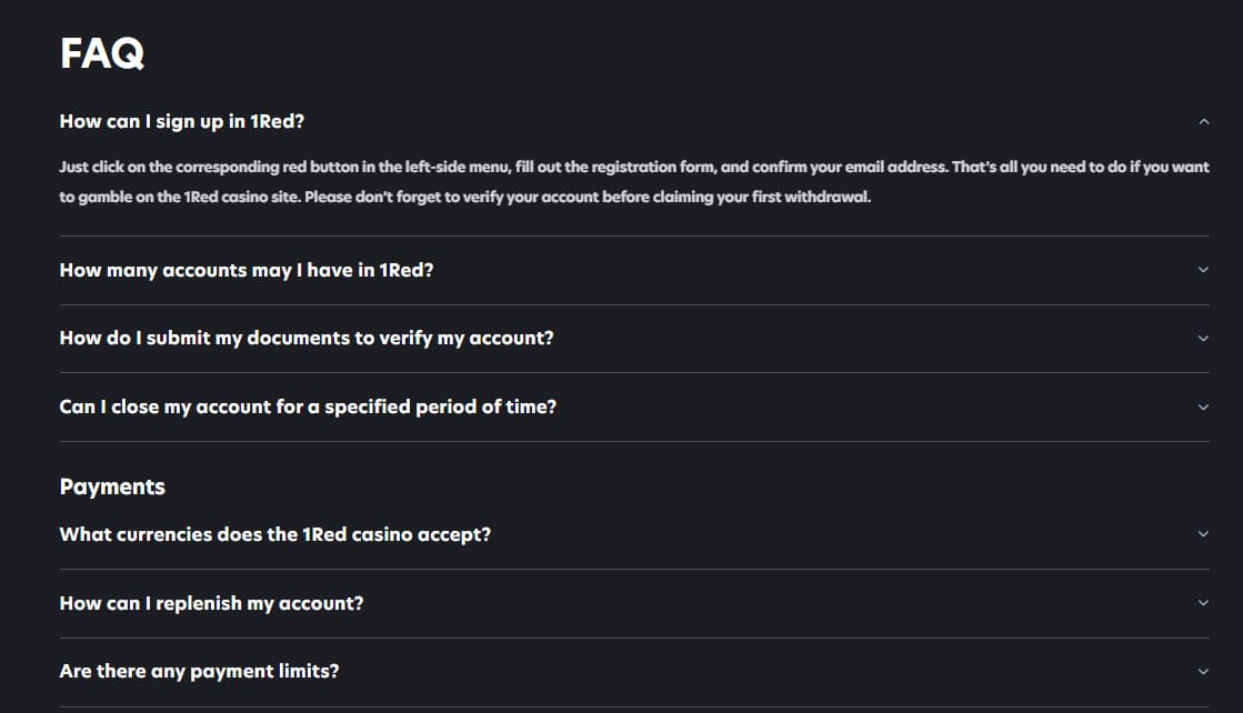FAQ 1RED casino