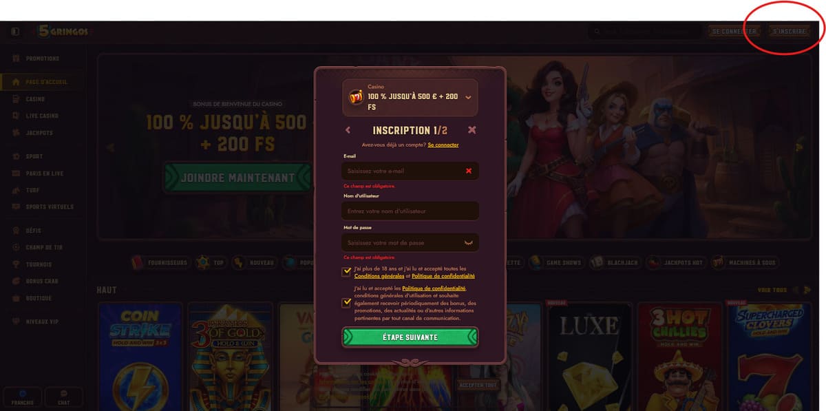 Inscription 5Gringos Casino