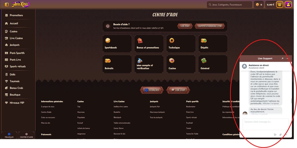 Centre aide AbuKing Casino