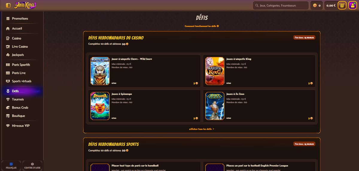 Défis AbuKing Casino