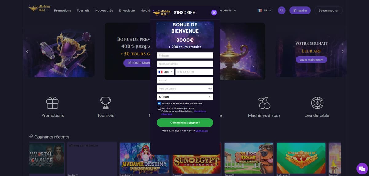 Inscription Aladdins's Gold Casino