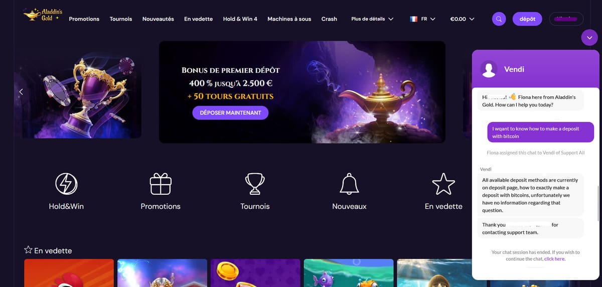 Support client Aladdins's Gold Casino