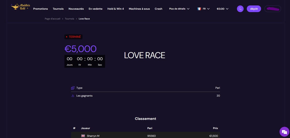 Tournois Aladdins's Gold Casino