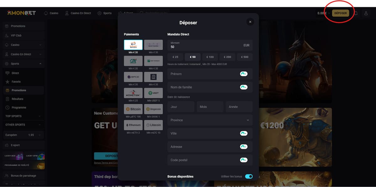Dépôt Amonbet Casino