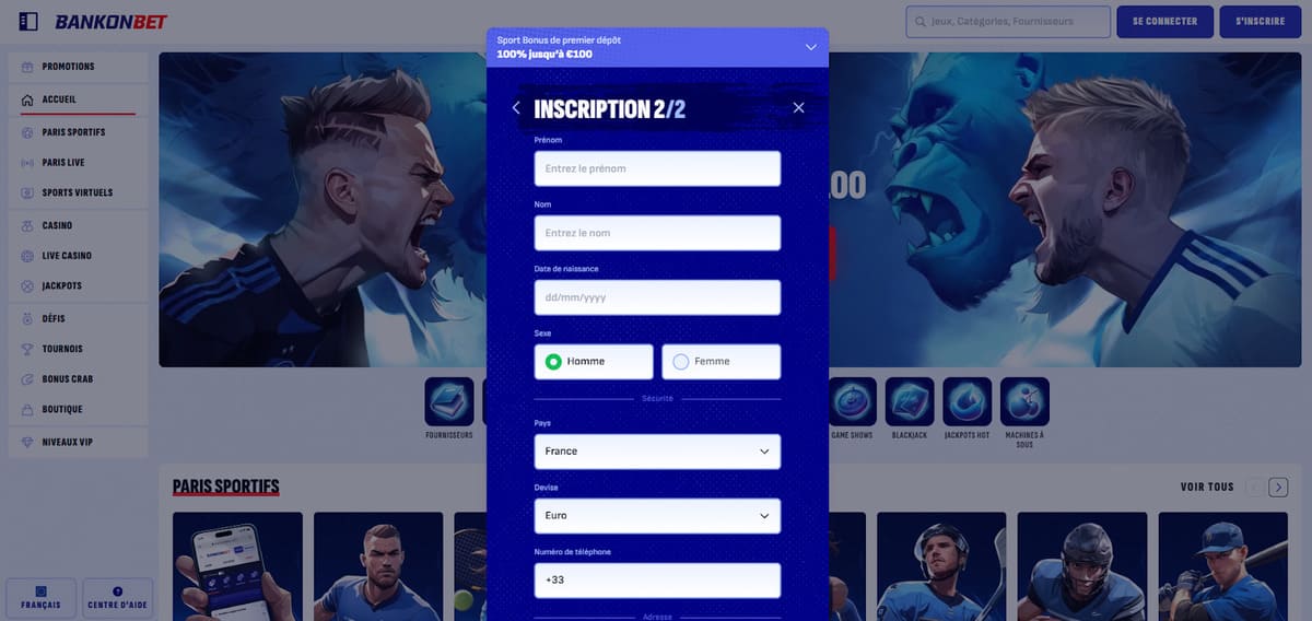 inscription étape 2 Bankonbet Casino