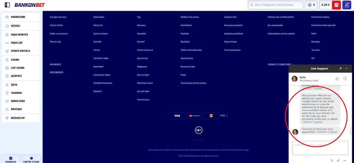 live support Bankonbet Casino