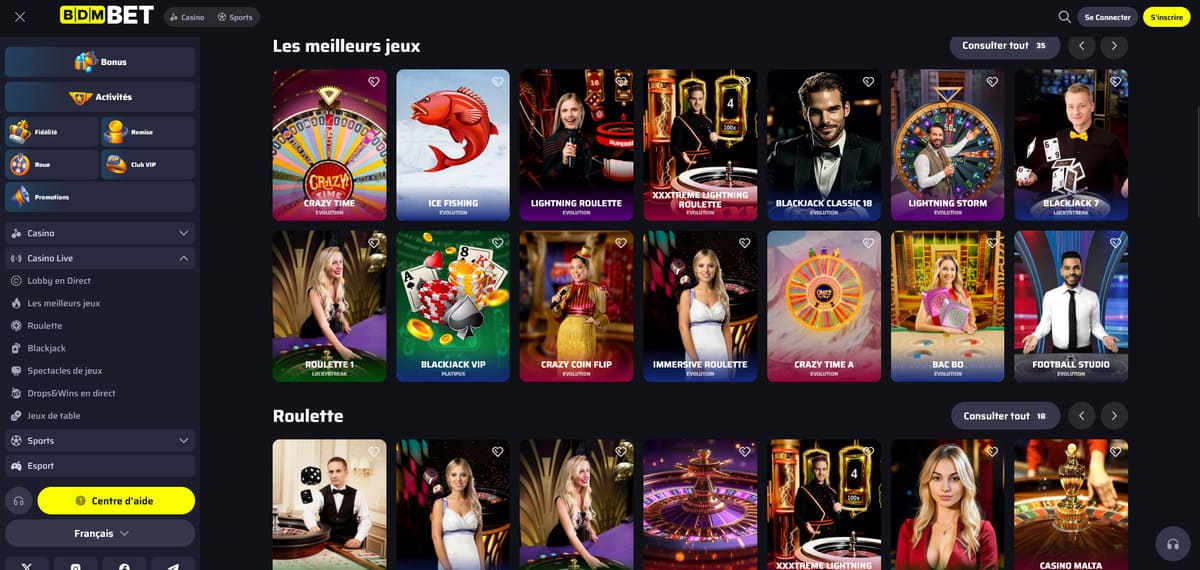 Interfața live casino pe bdmbet