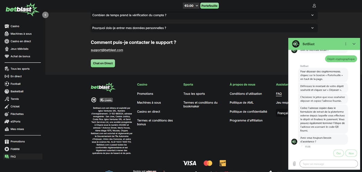 Chat support Betblast Casino