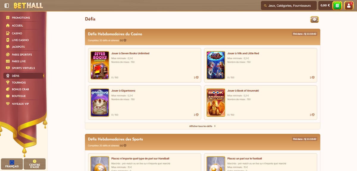 Défis BetHall Casino