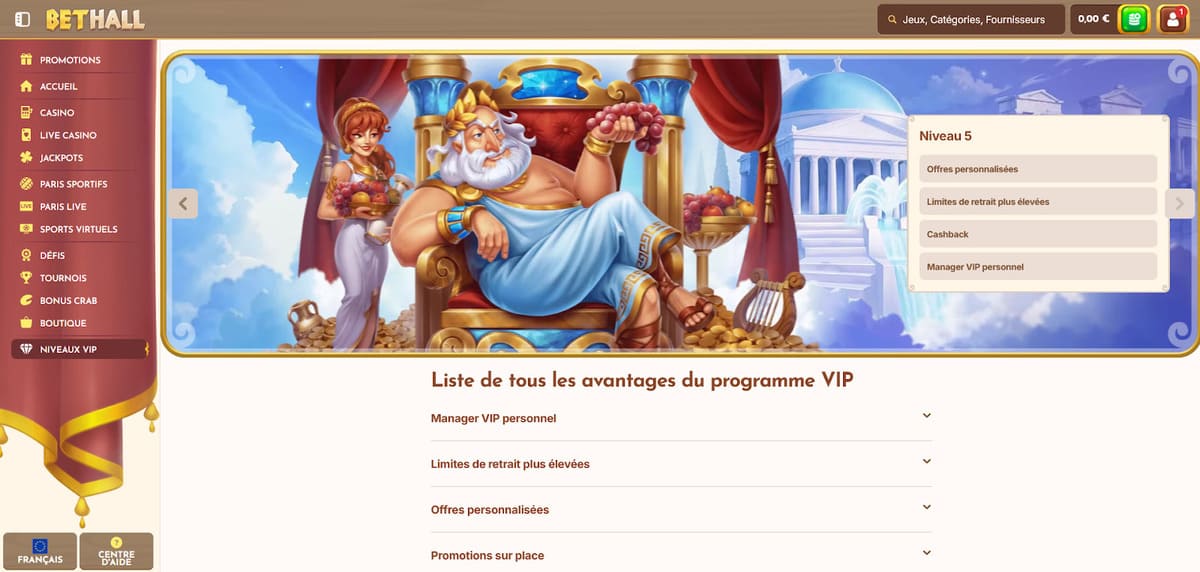 Niveaux VIP BetHall Casino