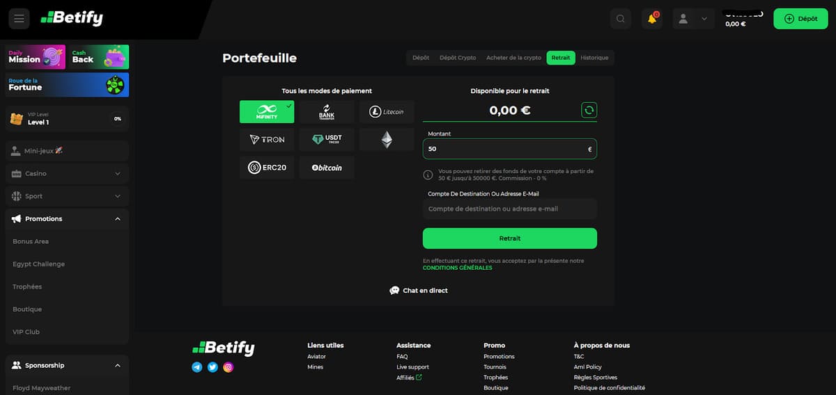 Retrait Betify Casino