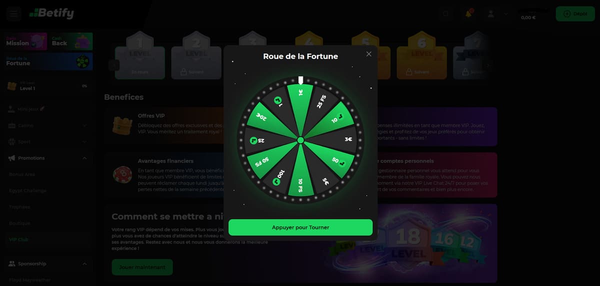 Roue de la fortune Betify Casino