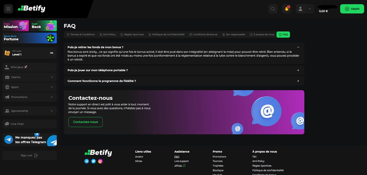 Service client Betify Casino