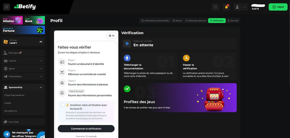 Vérification compte Betify Casino