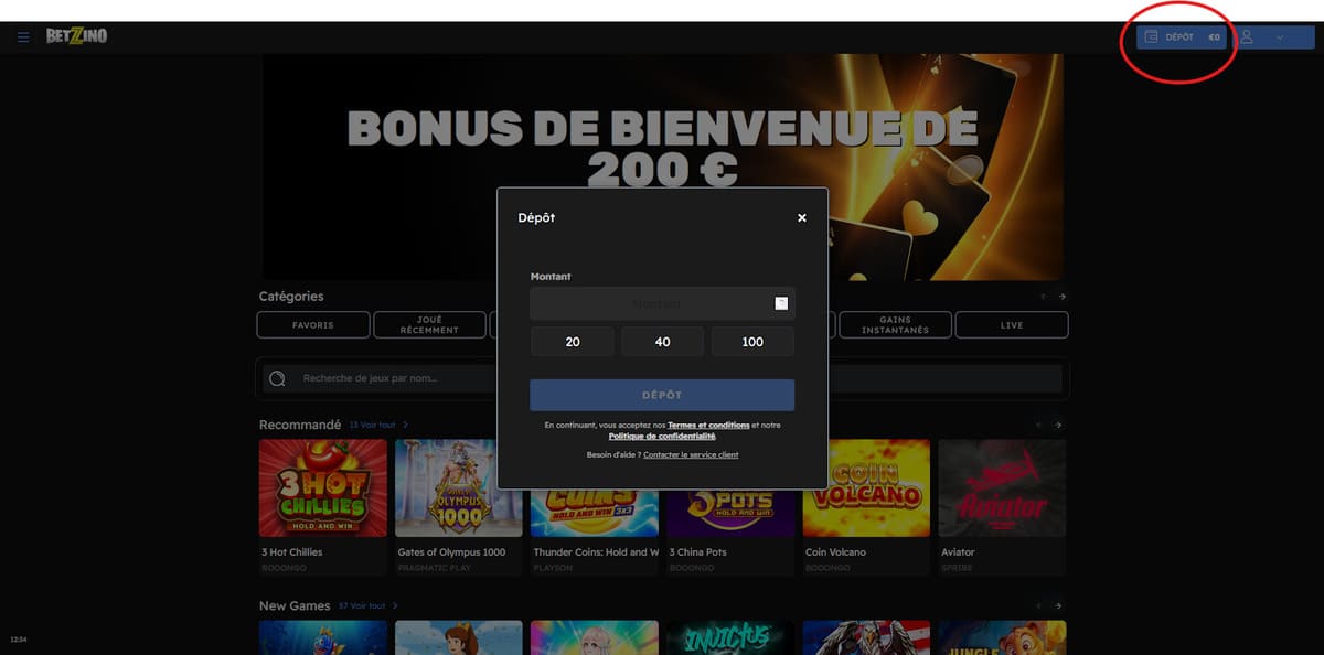 Dépôt Betzino Casino