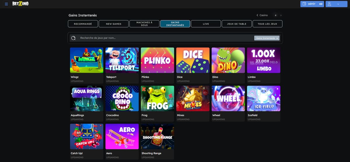 Gains instantannés Betzino Casino