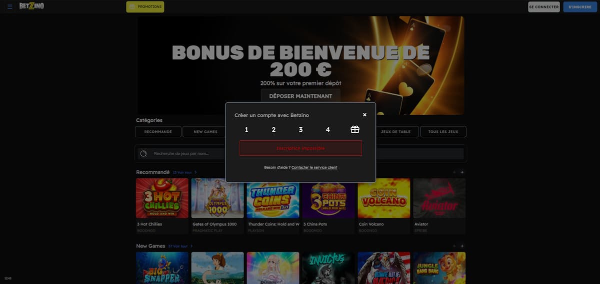 Inscription Betzino Casino