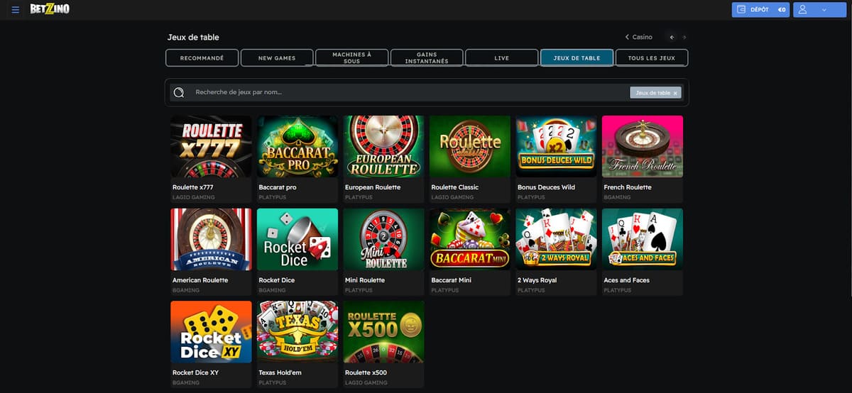 Jeux de table Betzino Casino