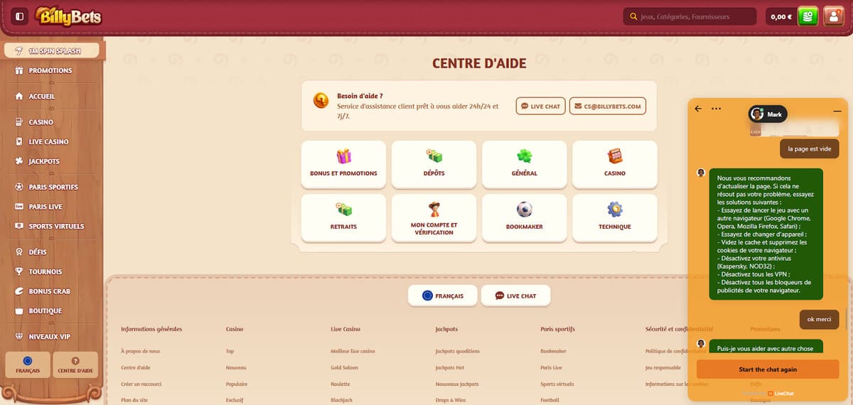 Centre d'aide BillyBets Casino