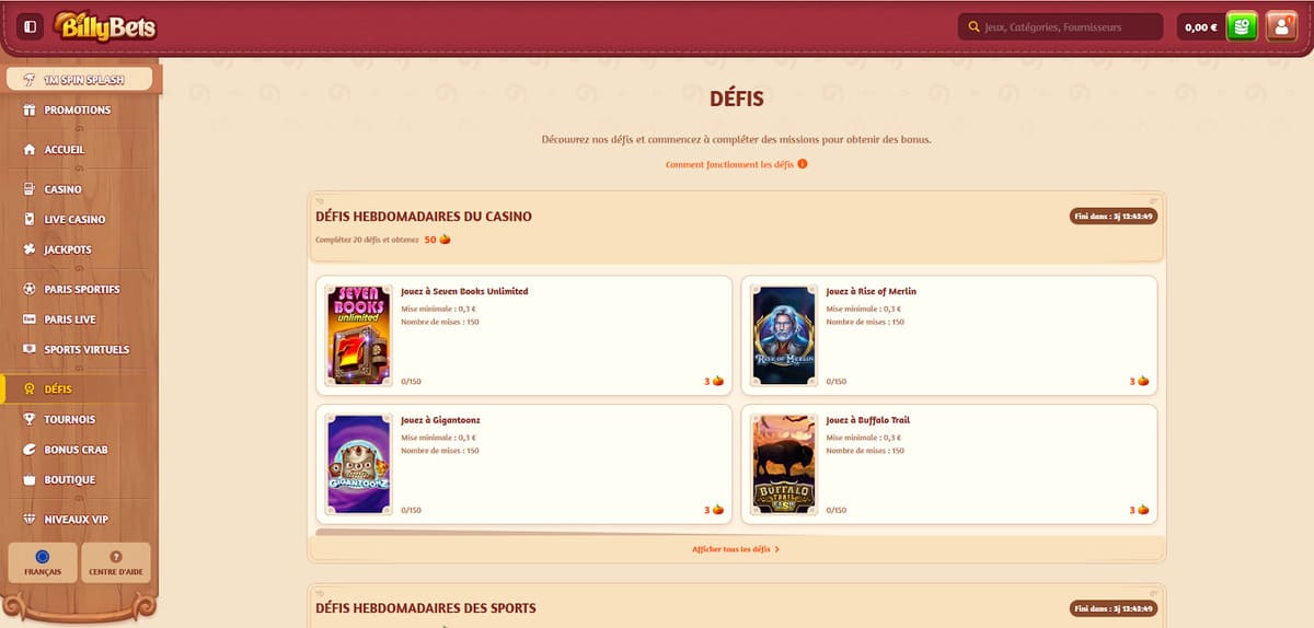 Défis BillyBets Casino