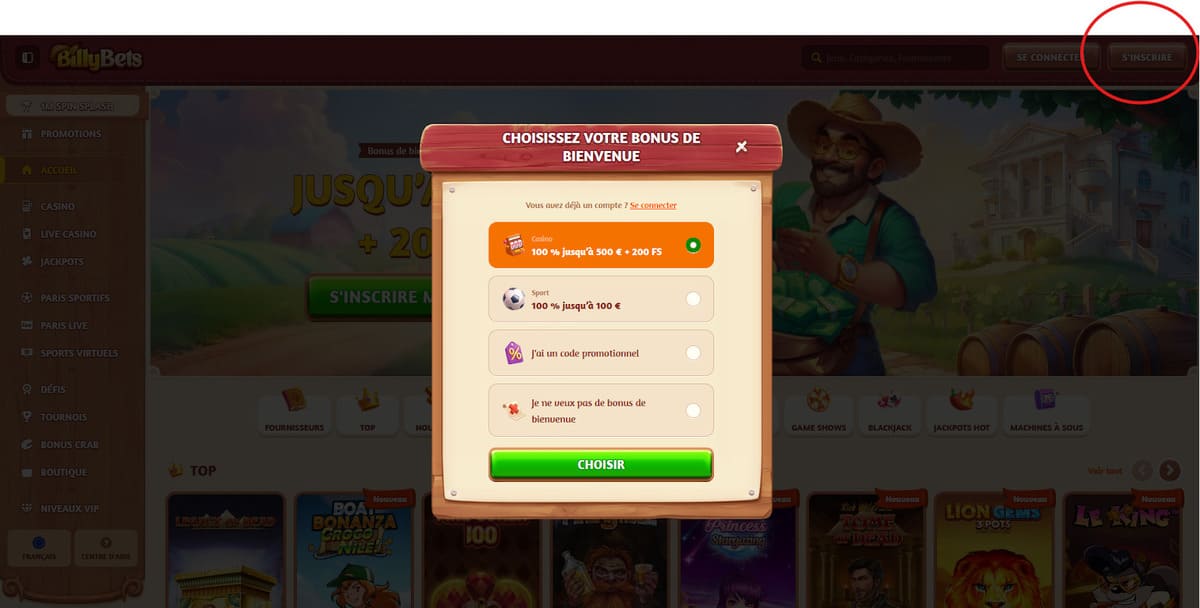 Inscription BillyBets Casino