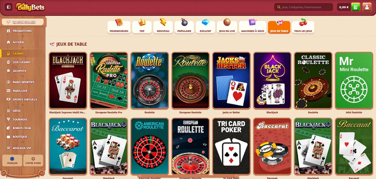 Jeux de table BillyBets Casino