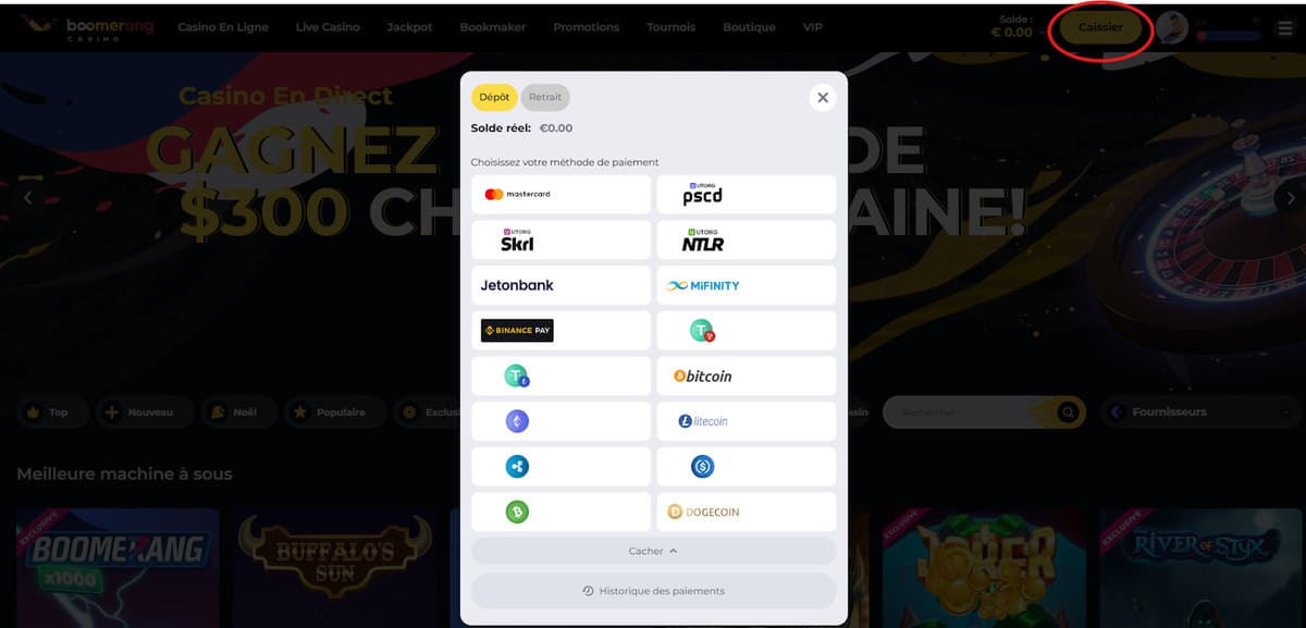 Moyens de dépôt Boomerang casino