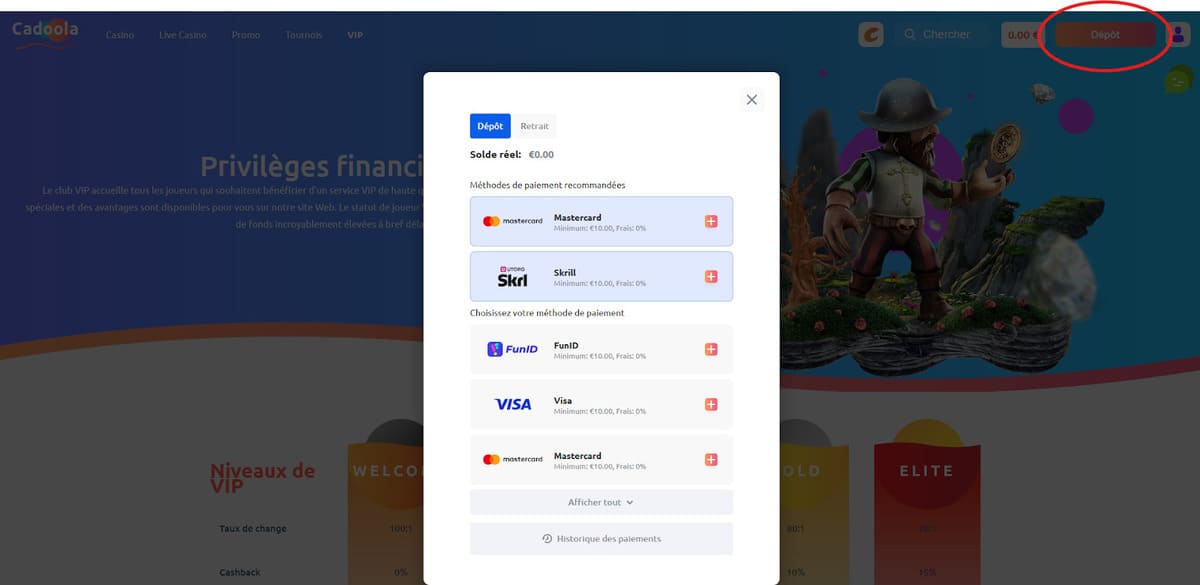 Dépôt Cadoola Casino