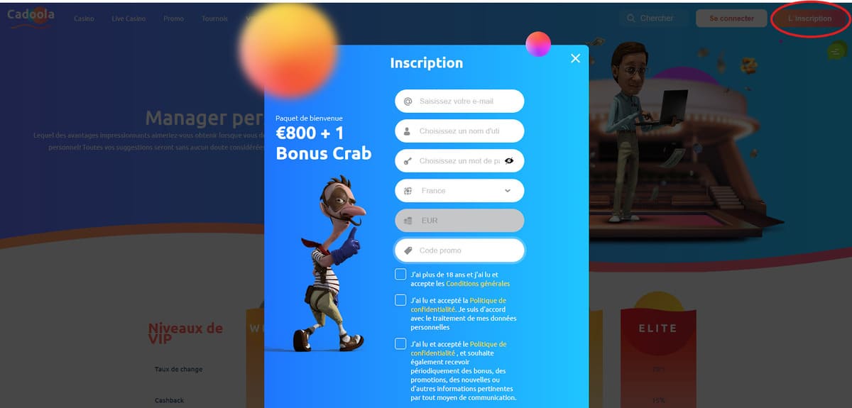 Inscription Cadoola Casino