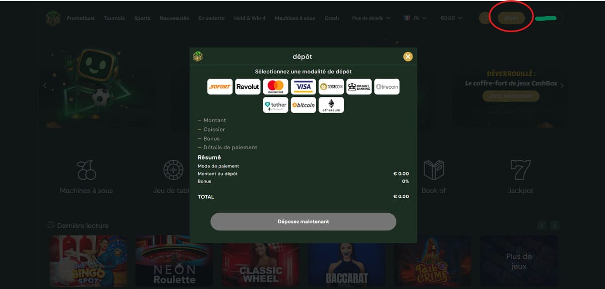 Dépôt CashBox Casino