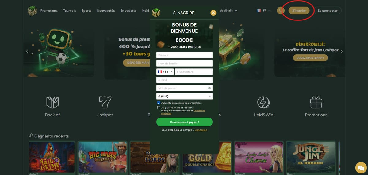 Inscription CashBox Casino