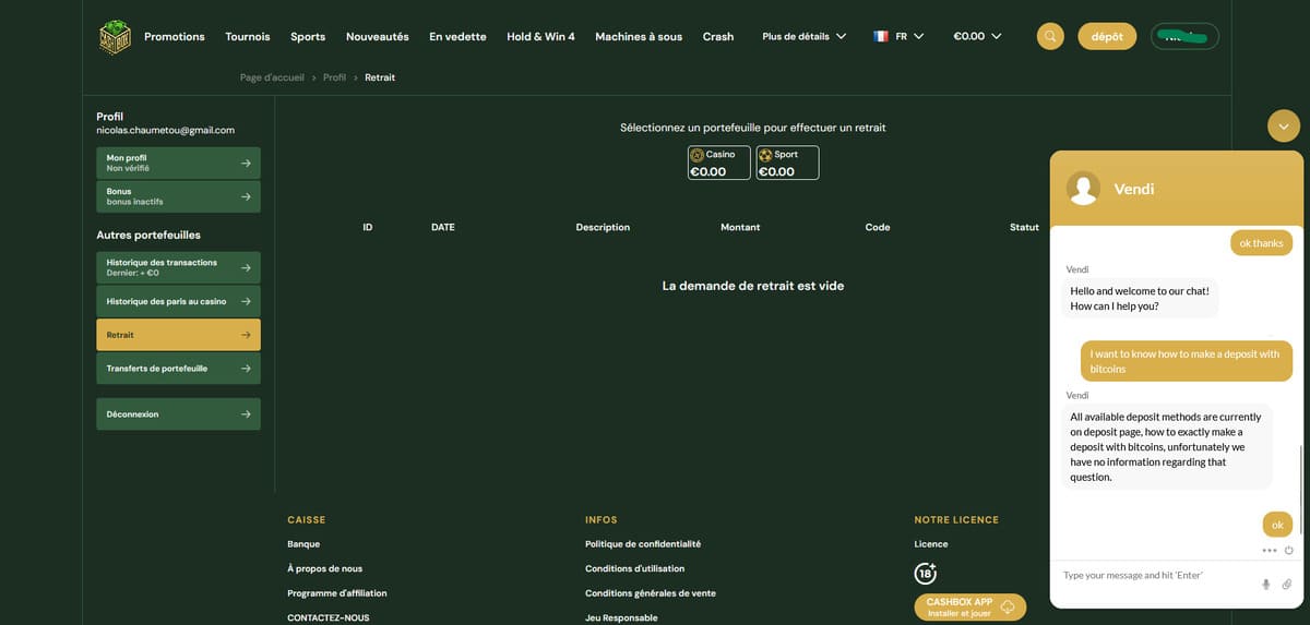 Service client CashBox Casino