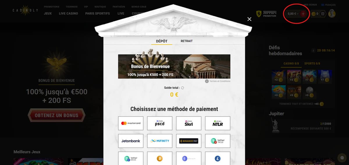 Dépôt et retrait Casinoly