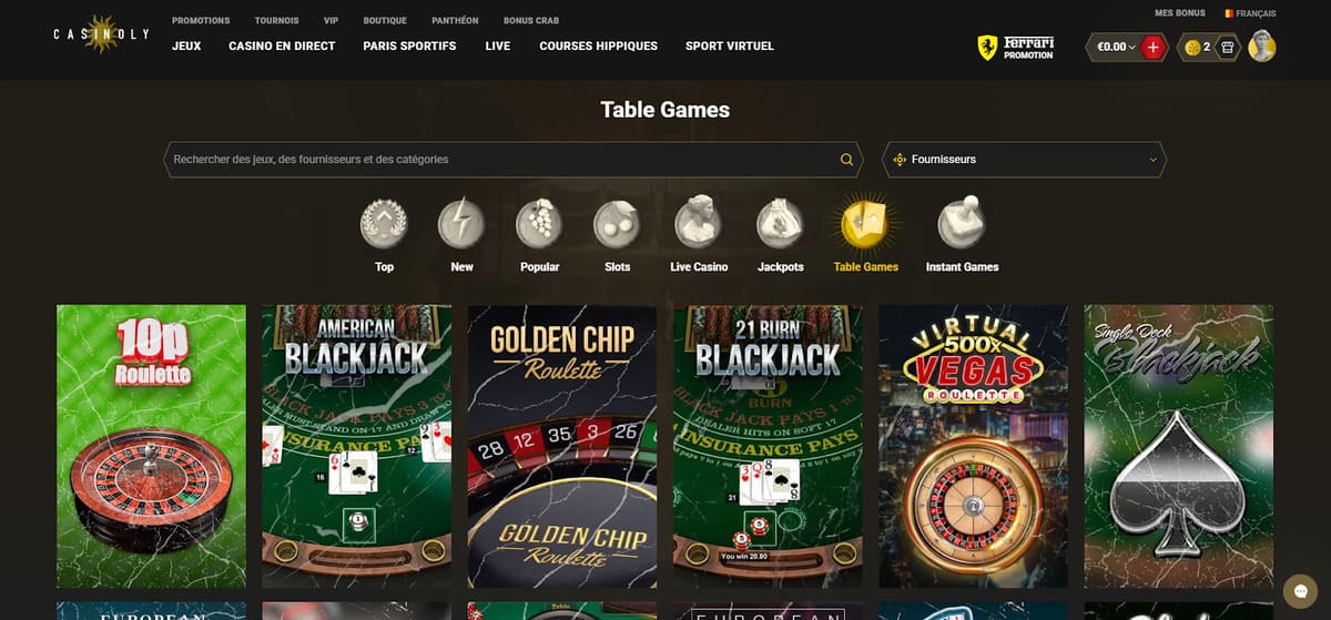 Jeux de table casinoly