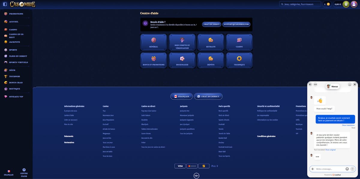 Service client Casombie Casino