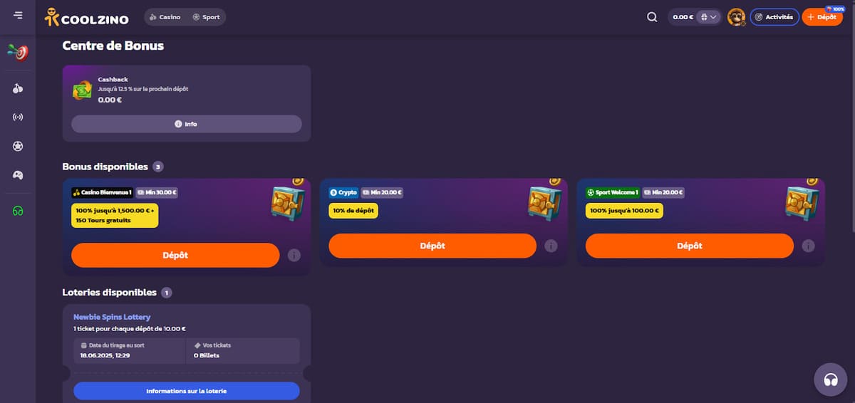 Centre bonus Coolzino Casino