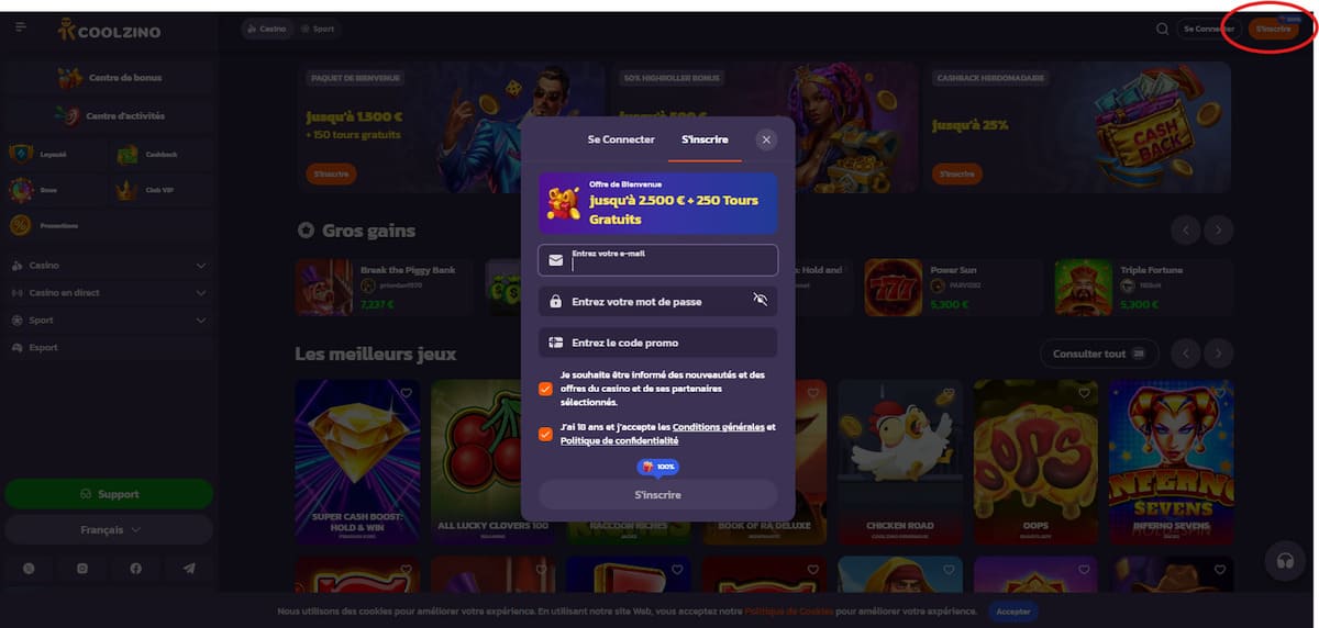 Inscription Coolzino Casino