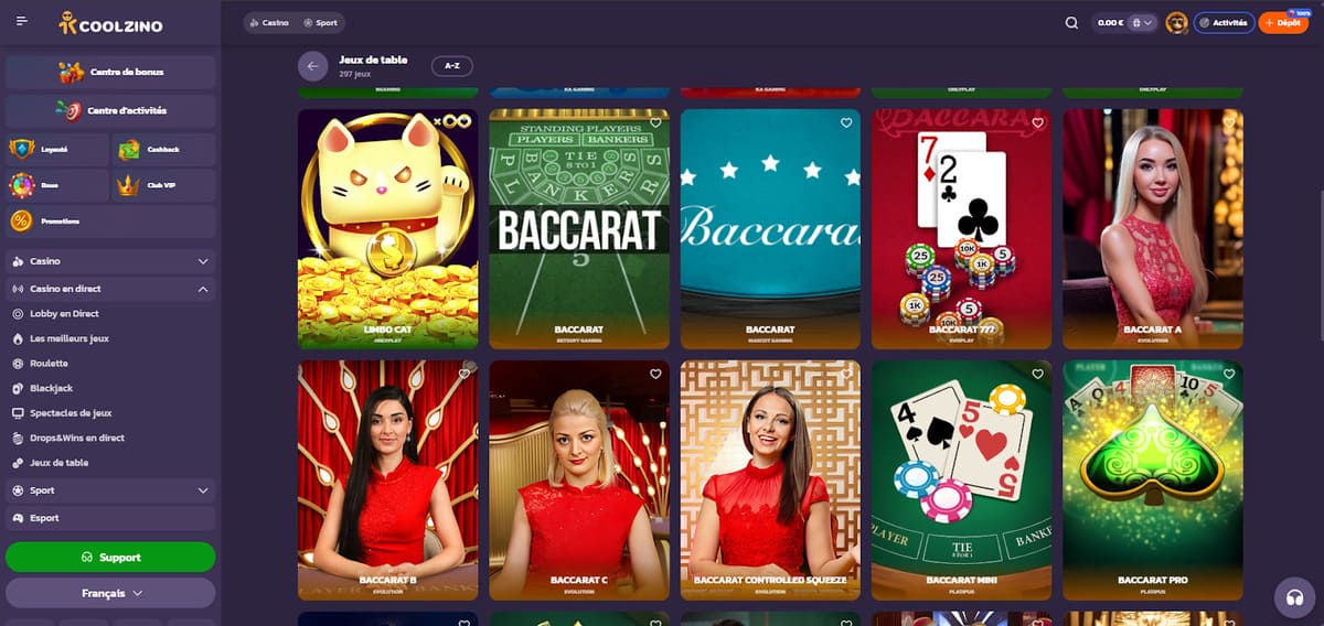 Jeux de table Coolzino Casino