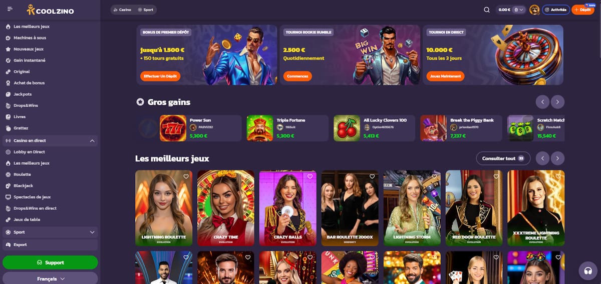 Lobby en direct Coolzino Casino