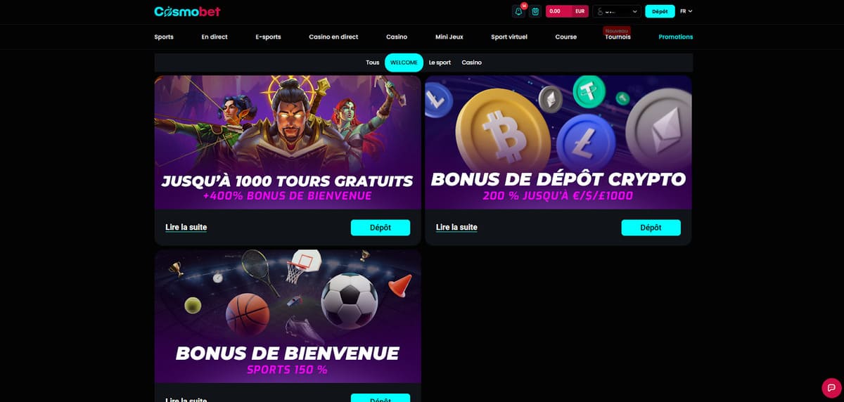 Bonus bienvenue Cosmobet Casino
