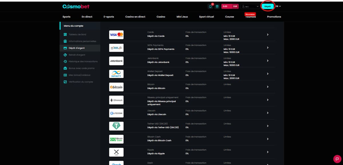 Dépôt Cosmobet Casino