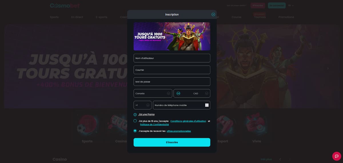 Inscription Cosmobet Casino