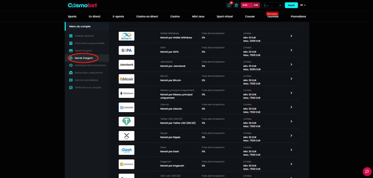 Retrait Cosmobet Casino