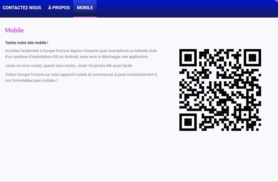 Version mobile Europe Fortune Casino