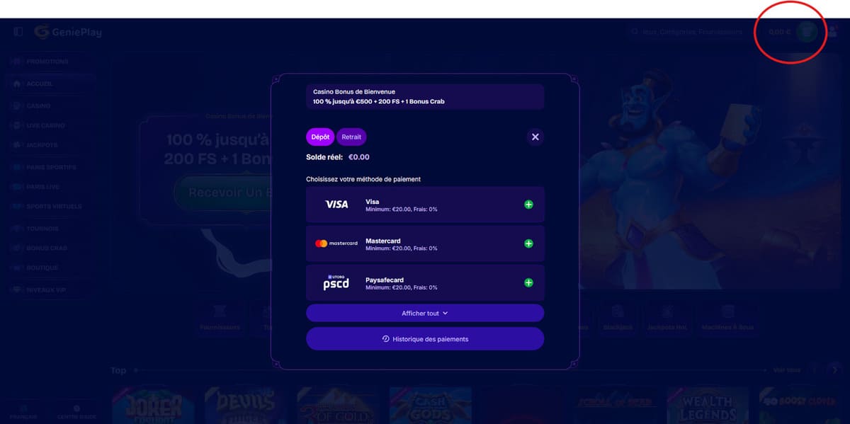 Dépôt Genieplay Casino