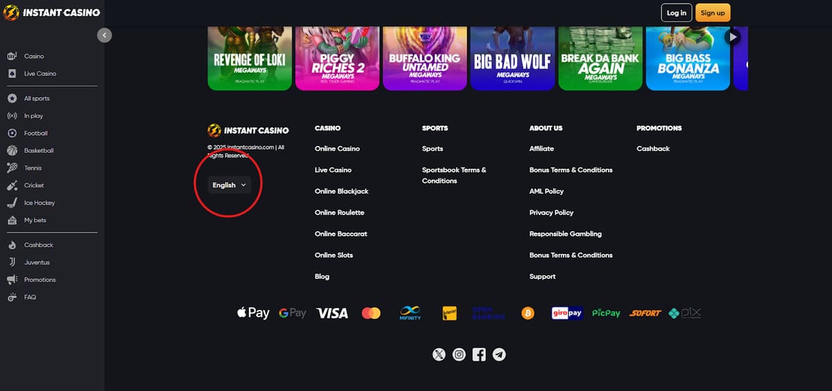 inscription choix langue Instant Casino
