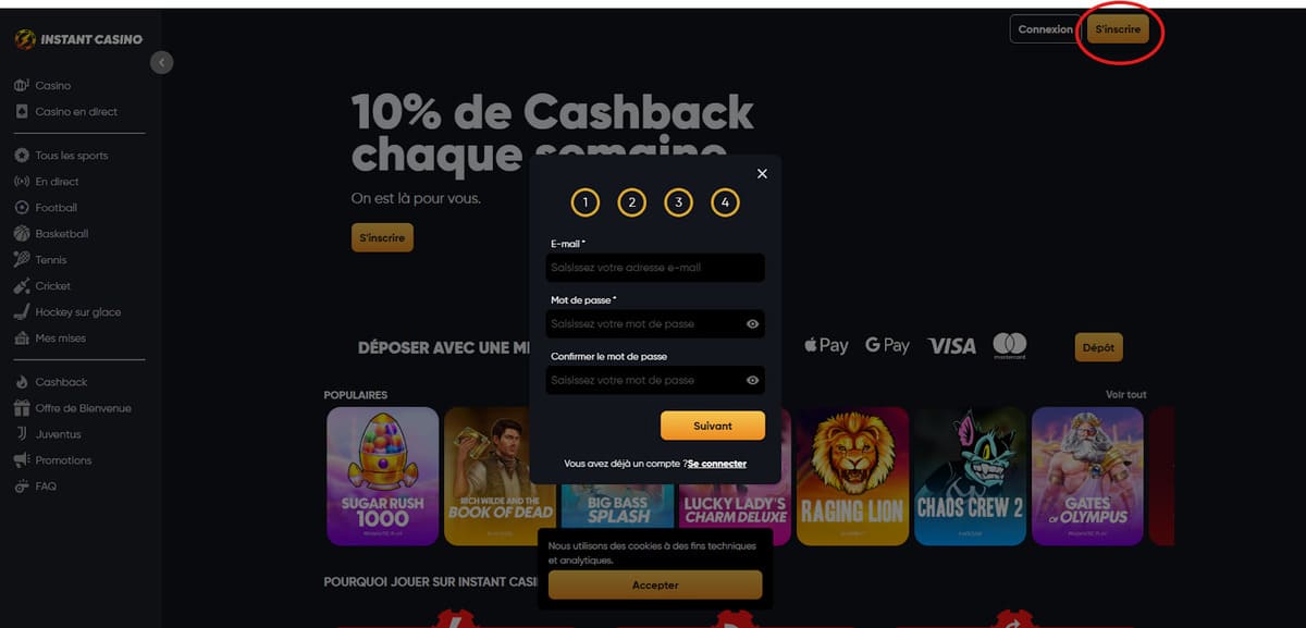 inscription formulaire étape 1 Instant Casino