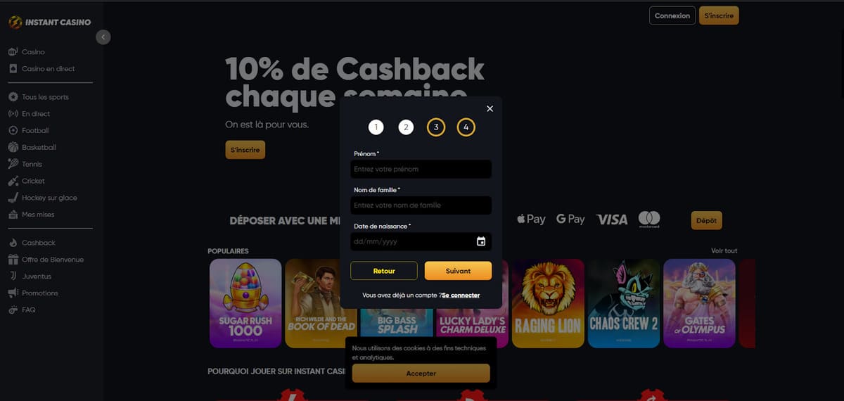 inscription formulaire étape 2 Instant Casino
