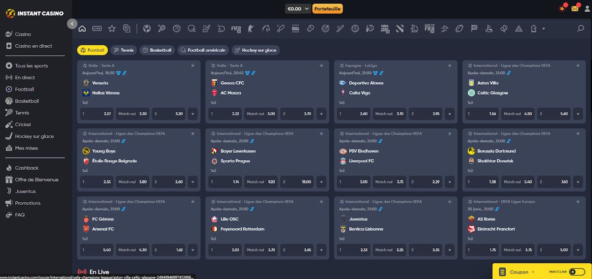 pari en direct Instant Casino