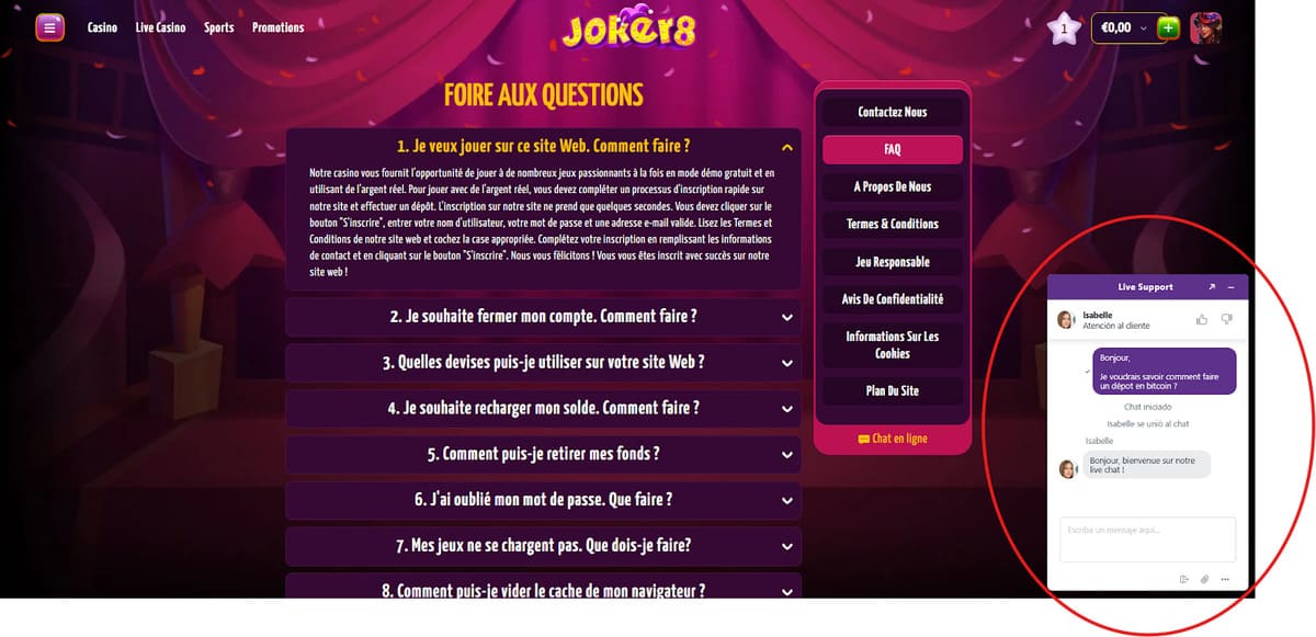 Live support Joker8 Casino